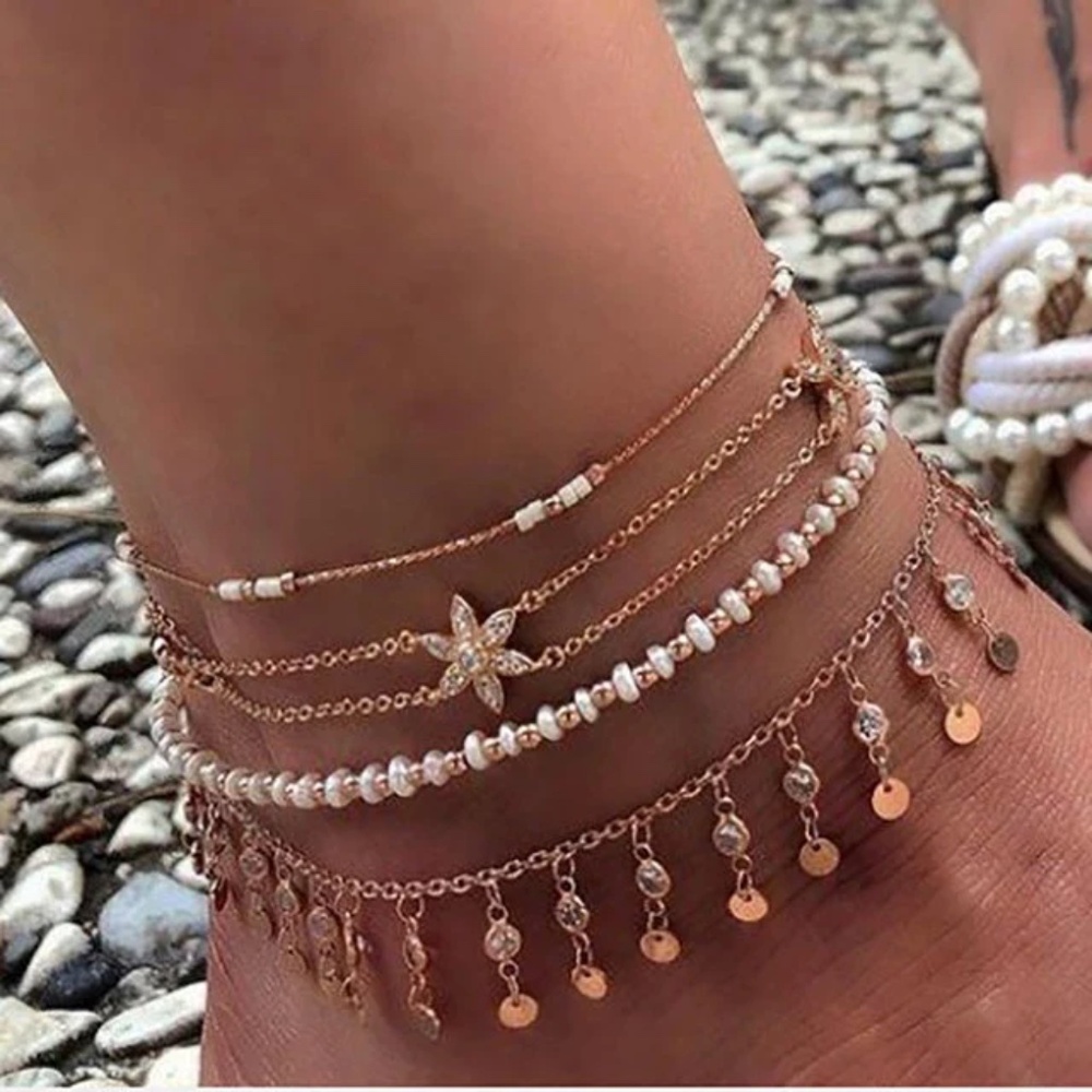 4 Piece Anklet Set, Star, Beaded, Coin Anklet